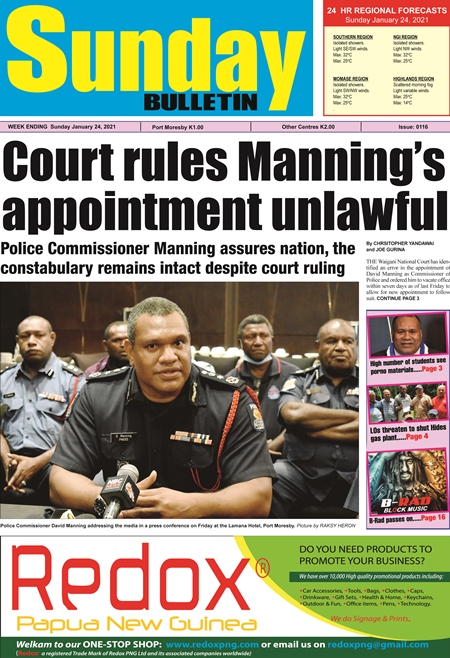 Sunday Bulletin headline: PNG Police Chief says constabulary is intact