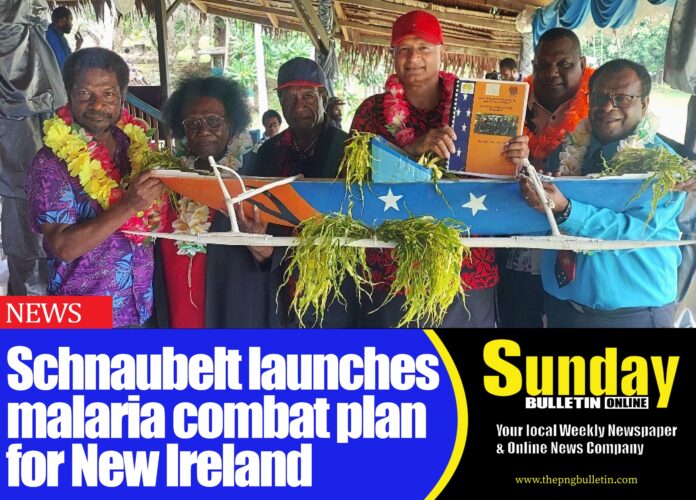 Photo: Governor Schnaubelt launches the New Ireland PHA Malaria Elimination Program Strategic Plan 2024–2028 flanked by PHA CEO Dr. Stenard Hiasihri (right), Board Chairlady Dame Maria Kopkop (second left) and Board Members.