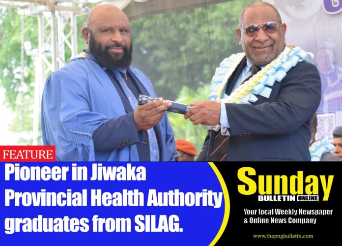 Caption: The CEO of Jiwaka Provincial Health Authority (JPHA) Thaddeus Turi Kinah, receiving his Advanced Diploma in Leadership and Governance.