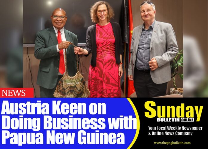 Minister for for International Trade and Investment, Hon. Richard Maru presenting a bilum to Ambassador Koeglar. Photo supplied. Minister for for International Trade and Investment, Hon. Richard Maru presenting a bilum to Ambassador Koeglar. Photo supplied.