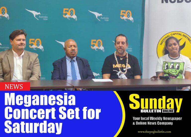 (From L-R) Australian High Commission Counsellor-Public Diplomacy Nicholas Kittel, NCD Governor Powes Parkop, Meganesia Concert Artistic Director Airileke Ingram and PNG's female Artist Merani Mesani during a press conference on Wednesday June 25, 2025. Photo by DALCY LULUA
