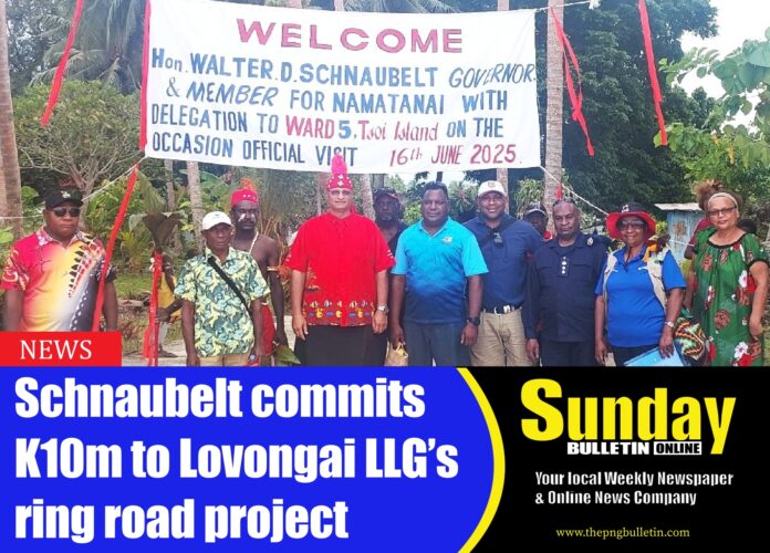 New Ireland Governor Walter D Schnaubelt (centre) with his team during its first electoral visit stopover on Tsoi Island, Lovongai LLG. Photo supplied.