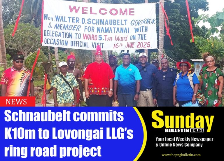 New Ireland Governor Walter D Schnaubelt (centre) with his team during its first electoral visit stopover on Tsoi Island, Lovongai LLG. Photo supplied.