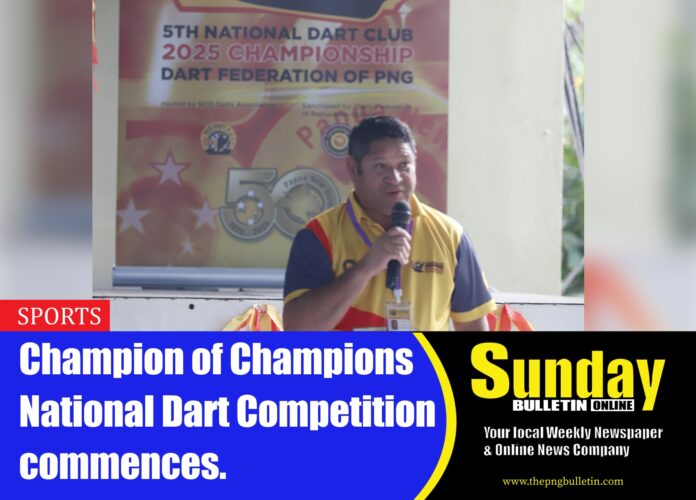 PNG Darts Federation Vice President Toa Kila addressing the teams during the opening ceremony in Port Moresby today. Photo supplied.