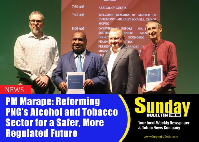 Head of PNG Manufacturers Council Chey Scovell (left) with PM Marape and Managing Director of FTI Consulting the firm which did the Research and PNG Chamber of Commerce and Industry President Rio Fiocco with a copy of the report on Illicit Alcohol Trade and Consumption Report after the launch at Hilton Hotel in Port Moresby. Picture supplied.