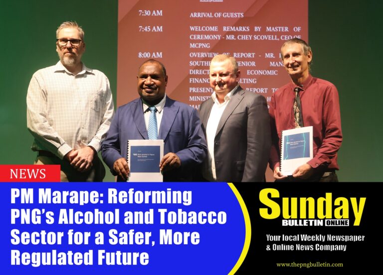 Head of PNG Manufacturers Council Chey Scovell (left) with PM Marape and Managing Director of FTI Consulting the firm which did the Research and PNG Chamber of Commerce and Industry President Rio Fiocco with a copy of the report on Illicit Alcohol Trade and Consumption Report after the launch at Hilton Hotel in Port Moresby. Picture supplied.