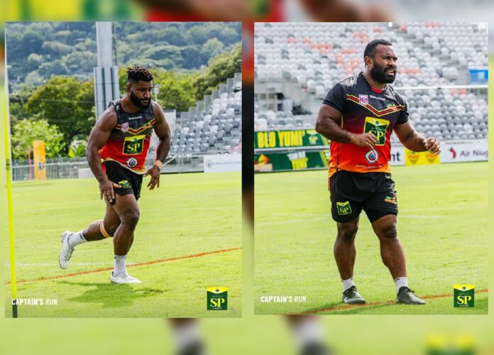 Jordan Patt (left) and Hunters Captain Ila Alu (right) during the recent Hunters training session in at Santos National Football Station in Port Moresby. Picture supplied by Hunters media.