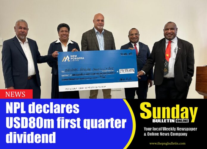 Caption: (Left to Right) NPL Chairman Sarimu Kanu, NPL Country Manager Karo Maha, Deputy Prime Minister John Rosso, IRC Commissioner General Sam Koim, and Prime Minister James Marape at the presentation of NPL's Q1 Corporate Tax payment to IRC. Picture supplied by NPL Media.