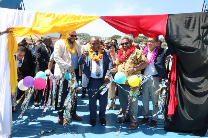 Caption: From left: Minister for Finance and Member for Kerema Hon Thomas Opa, Prime Minister Hon James Marape and Minister for Minister for Provincial and Local Level Government Affairs and Member for Kikori, Hon Soroi Eoe during the launching of MV IBK. – Picture supplied