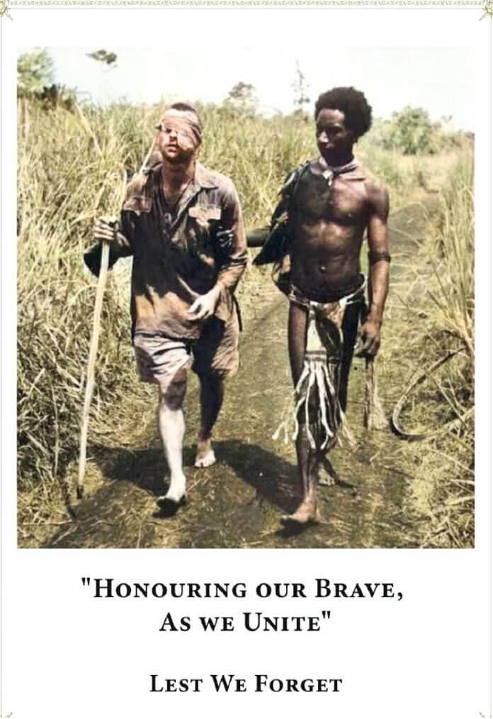 A Papuan Fuzzy Wuzzy Angel guiding an injured Australian soldier home, 1942.