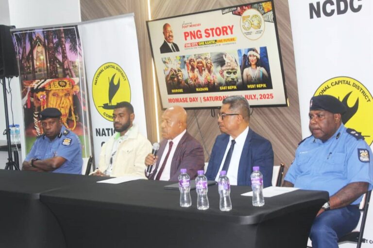 From right to left we have, The NCD Metropolitan Superintendent Warrick Simatamb of PNG Royal Constabulary, The NCD City Manager Mr Ravu Frank, The NCD governor Powes Parkop, The UPNG student representative council president Mr Clinton Maliaba and Seg. Ben Bala during the Media Conference in Port Moresby prior to the MOMASE Day celebrations closing the great PNG story. Picture supplied.